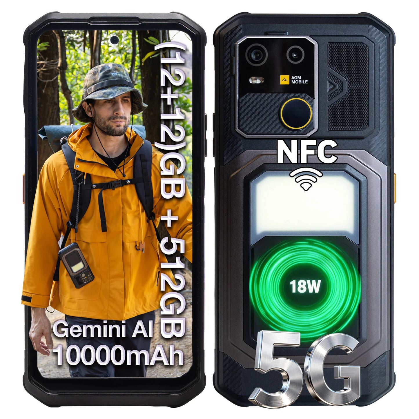 AGM G3 Rugged Phone 5G, Dimensity 7300, 10000mAh, IP68 Waterproof, Wireless Charging, Camping Light, 24（12+12）GB+512GB）