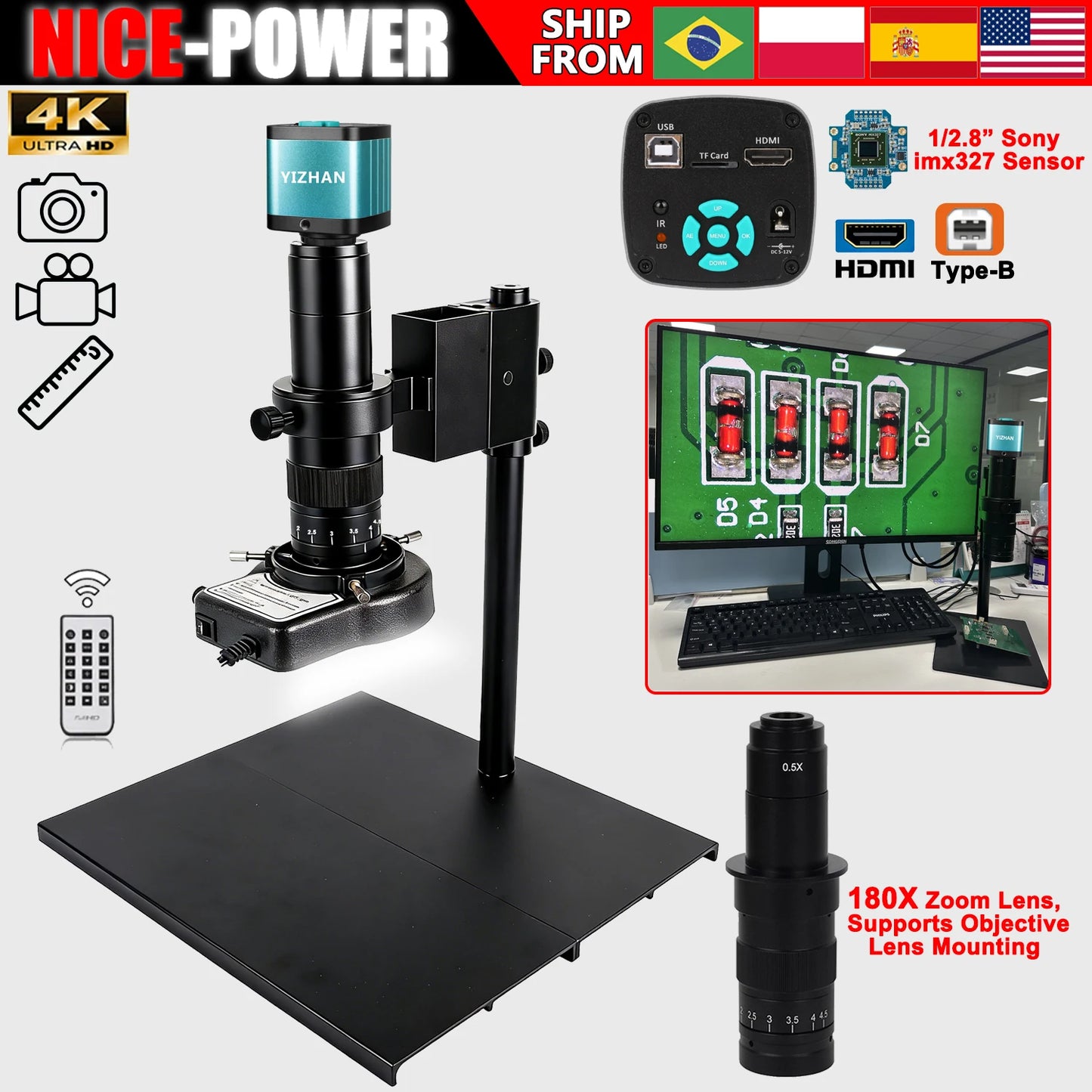 4K Digital Microscope,150X/180X Zoom C Mount Lens,48MP 60FPS USB HDMI Video Microscope Camera,Full HD Industrial Microscope