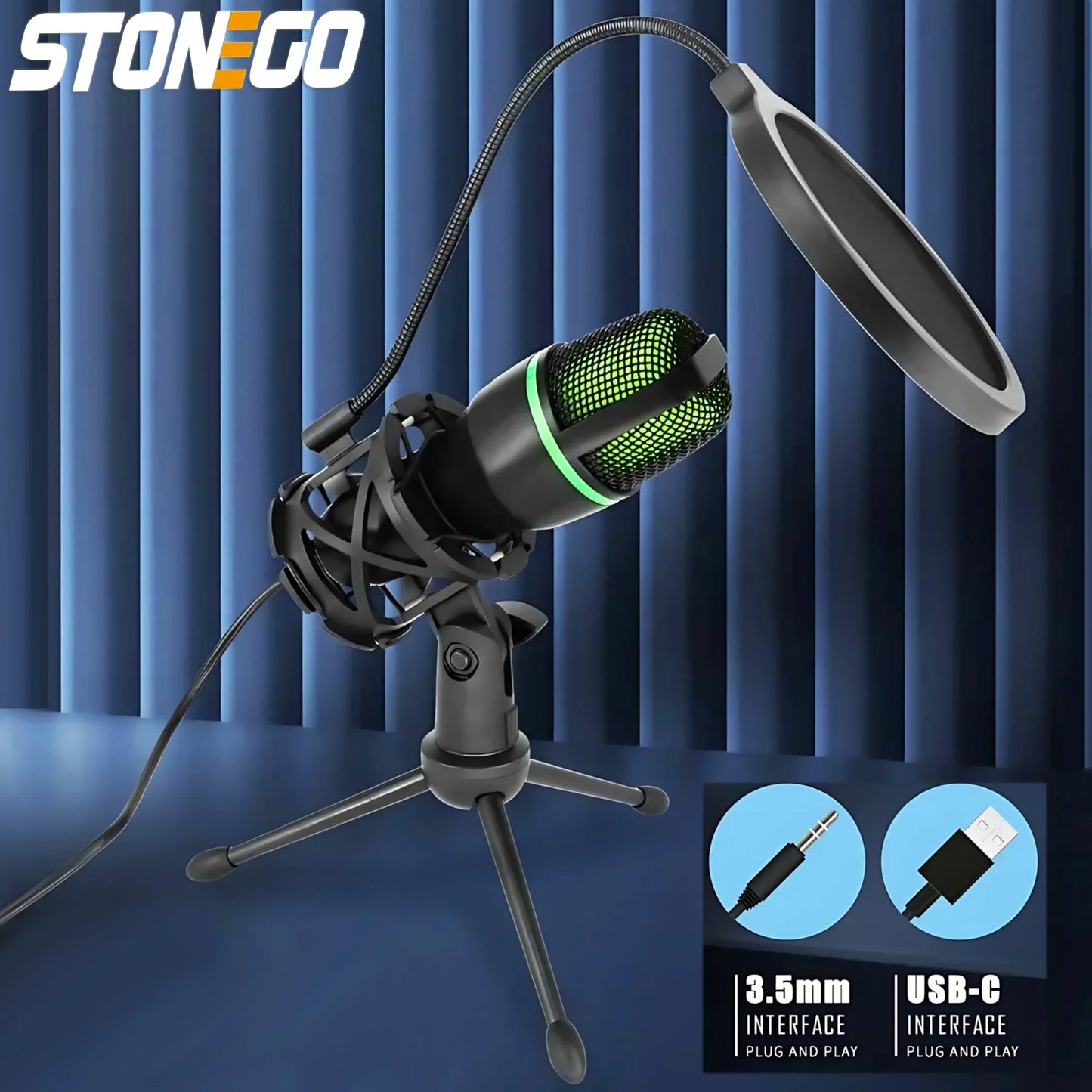 Professional Condenser Microphone Kit with Tripod Stand RGB Lighting Gaming USB Microphone for Streaming YouTube Podcasts Video Studio Recording PC Computer Laptop Mute Button Voice Changer