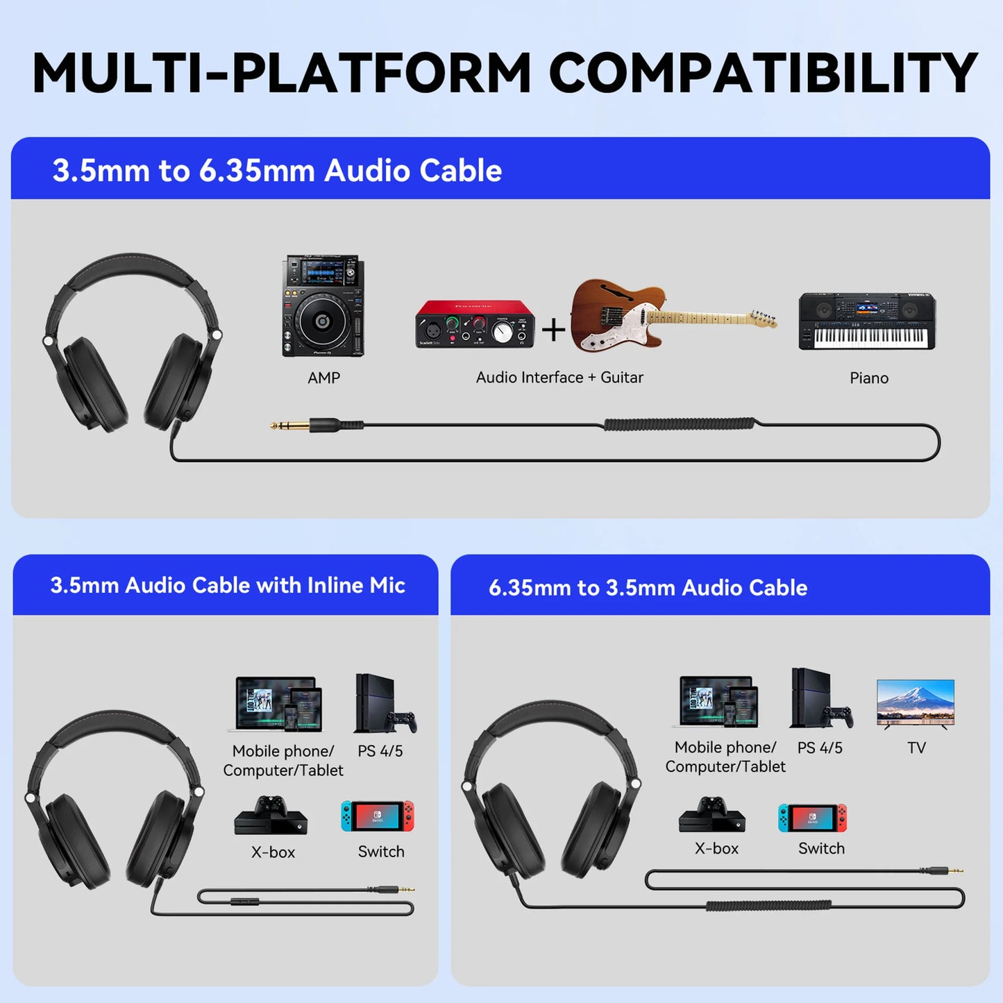 Bluetooth Wireless Headphones 72H With Mic Over Ear Hi-Res Audio 3.5/6.35mm Wired Studio DJ Mixing Monitor HiFi Headset