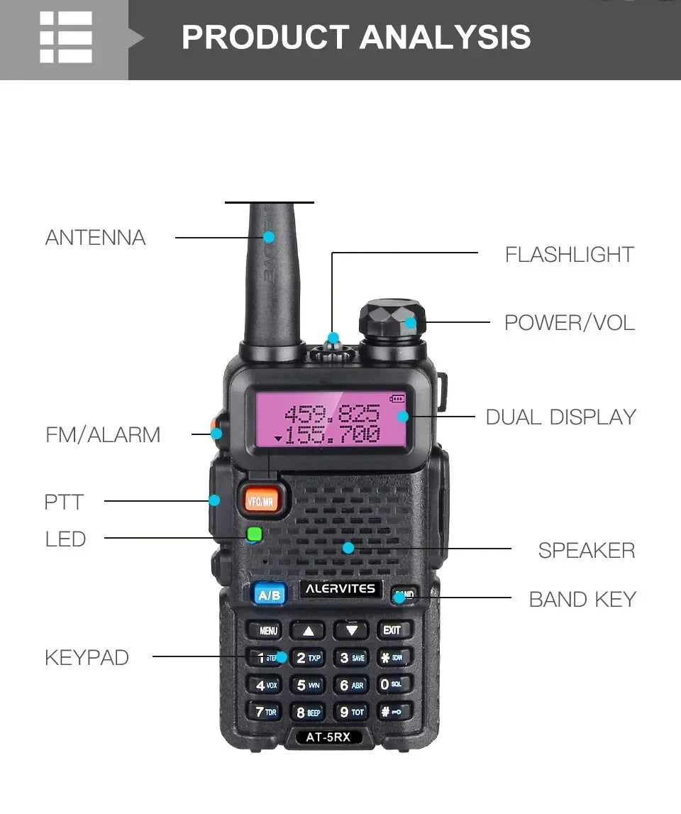 ALERVITES 2PCS AT-5RX 5RX radio, 5W/8W high-power dual-frequency two-way radio, remote handheld portable Baofeng walkie-talkie