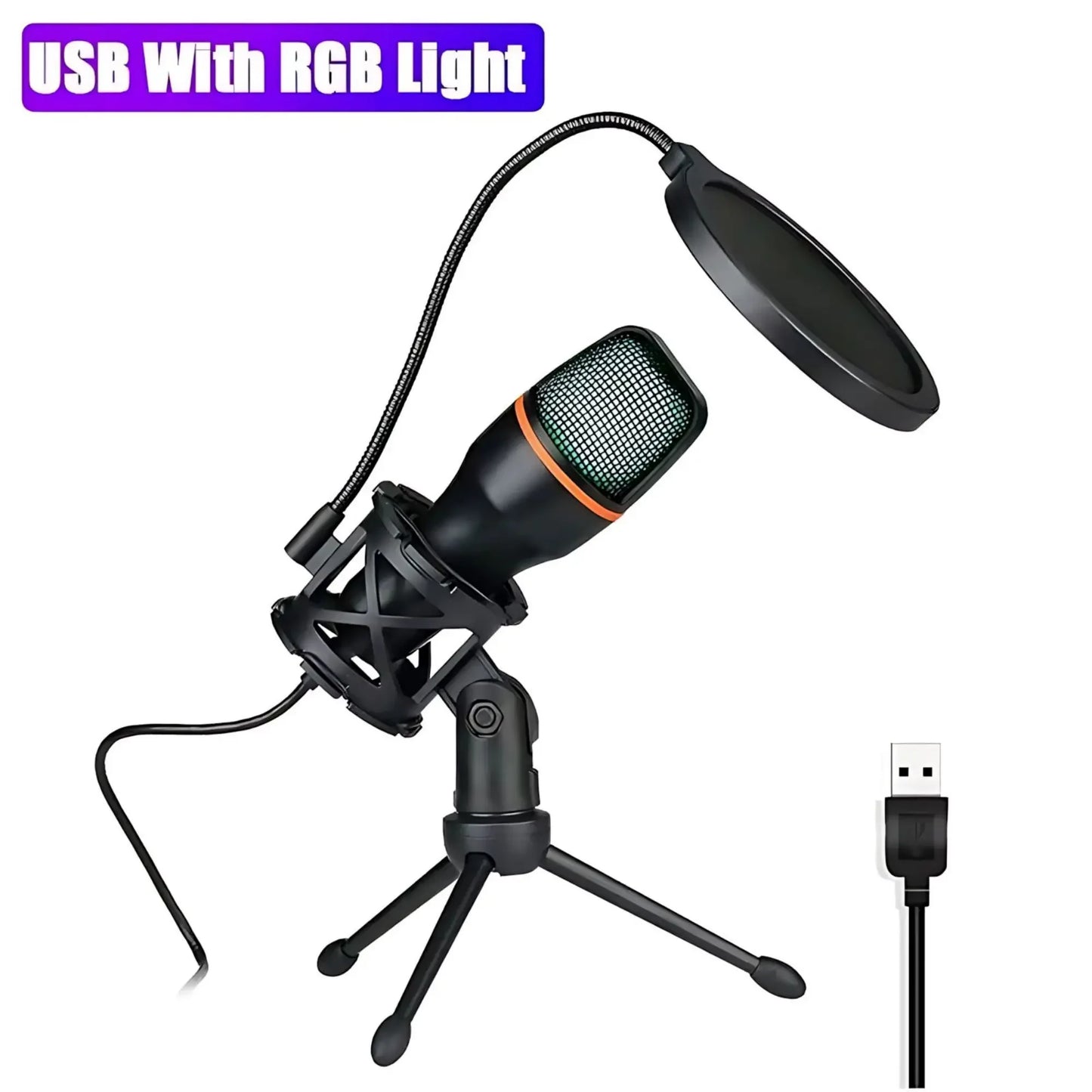 Professional Condenser Microphone Kit with Tripod Stand RGB Lighting Gaming USB Microphone for Streaming YouTube Podcasts Video Studio Recording PC Computer Laptop Mute Button Voice Changer