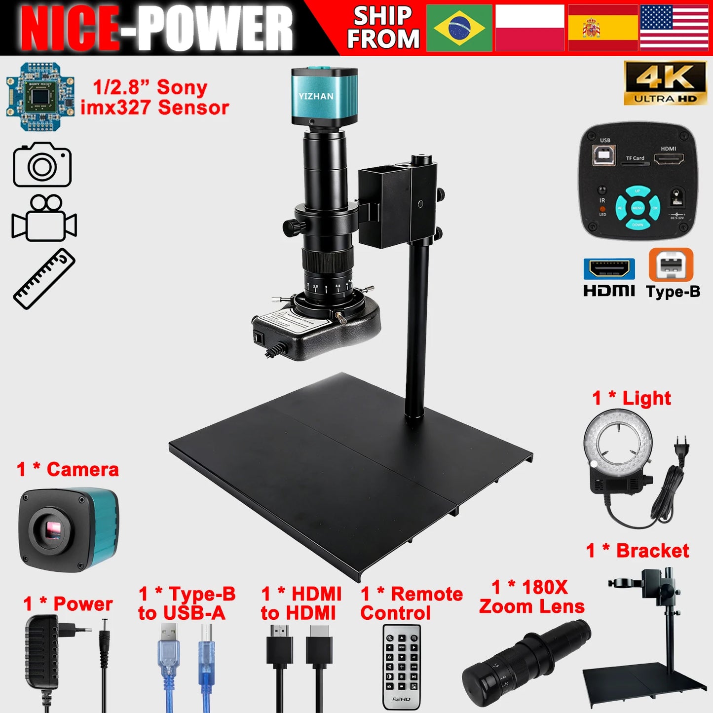 4K Digital Microscope,150X/180X Zoom C Mount Lens,48MP 60FPS USB HDMI Video Microscope Camera,Full HD Industrial Microscope