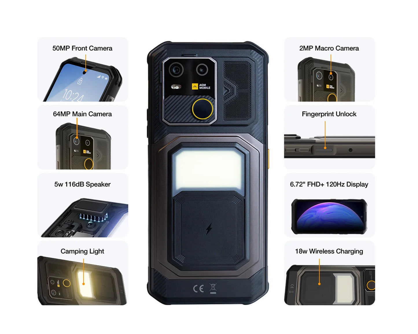 AGM G3 Rugged Phone 5G, Dimensity 7300, 10000mAh, IP68 Waterproof, Wireless Charging, Camping Light, 24（12+12）GB+512GB）