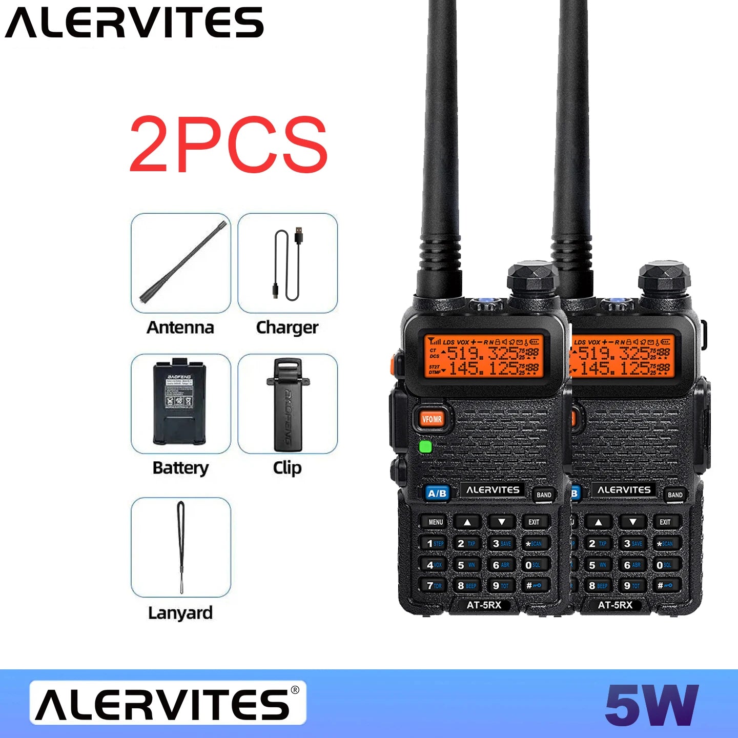 ALERVITES 2PCS AT-5RX 5RX radio, 5W/8W high-power dual-frequency two-way radio, remote handheld portable Baofeng walkie-talkie