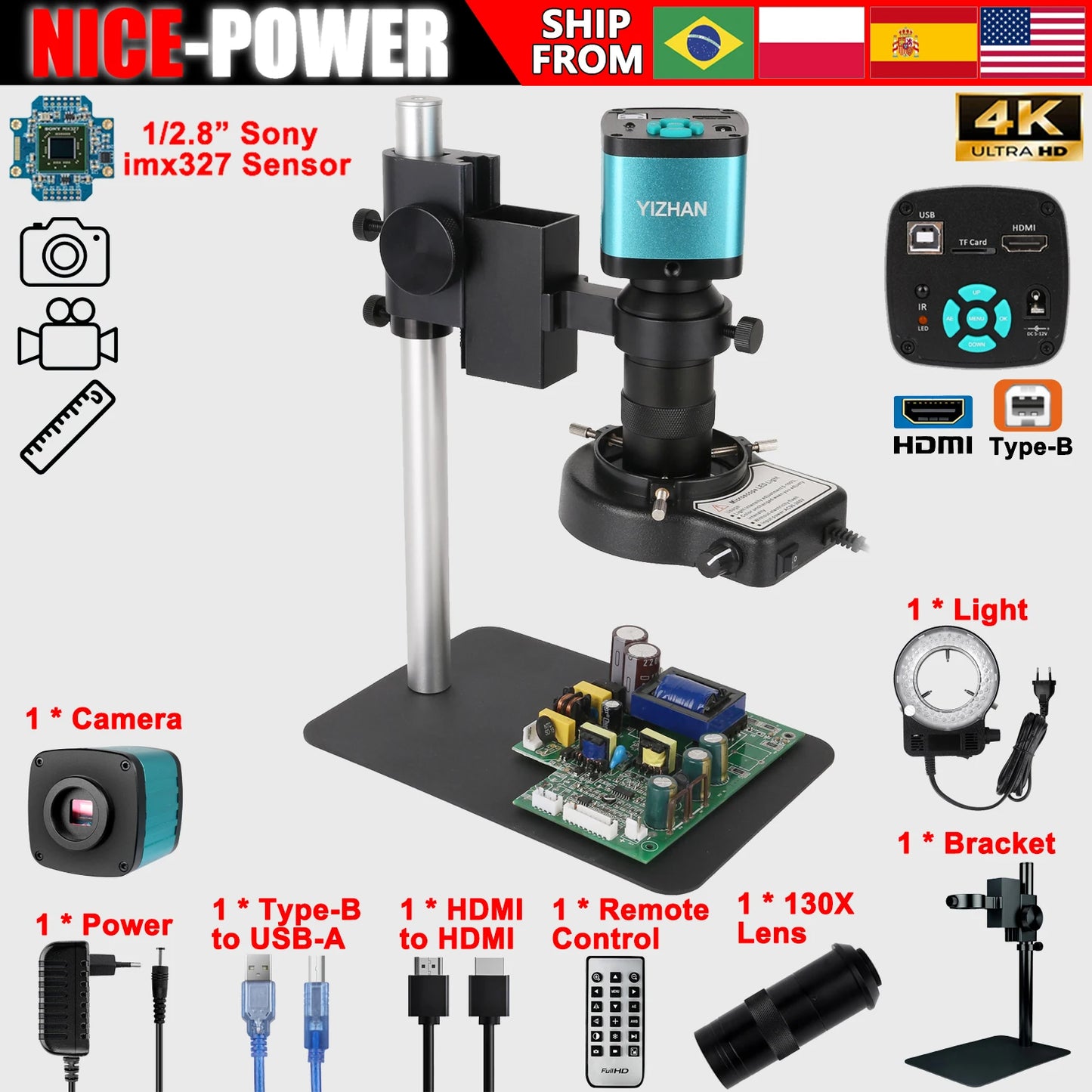 4K Digital Microscope,150X/180X Zoom C Mount Lens,48MP 60FPS USB HDMI Video Microscope Camera,Full HD Industrial Microscope