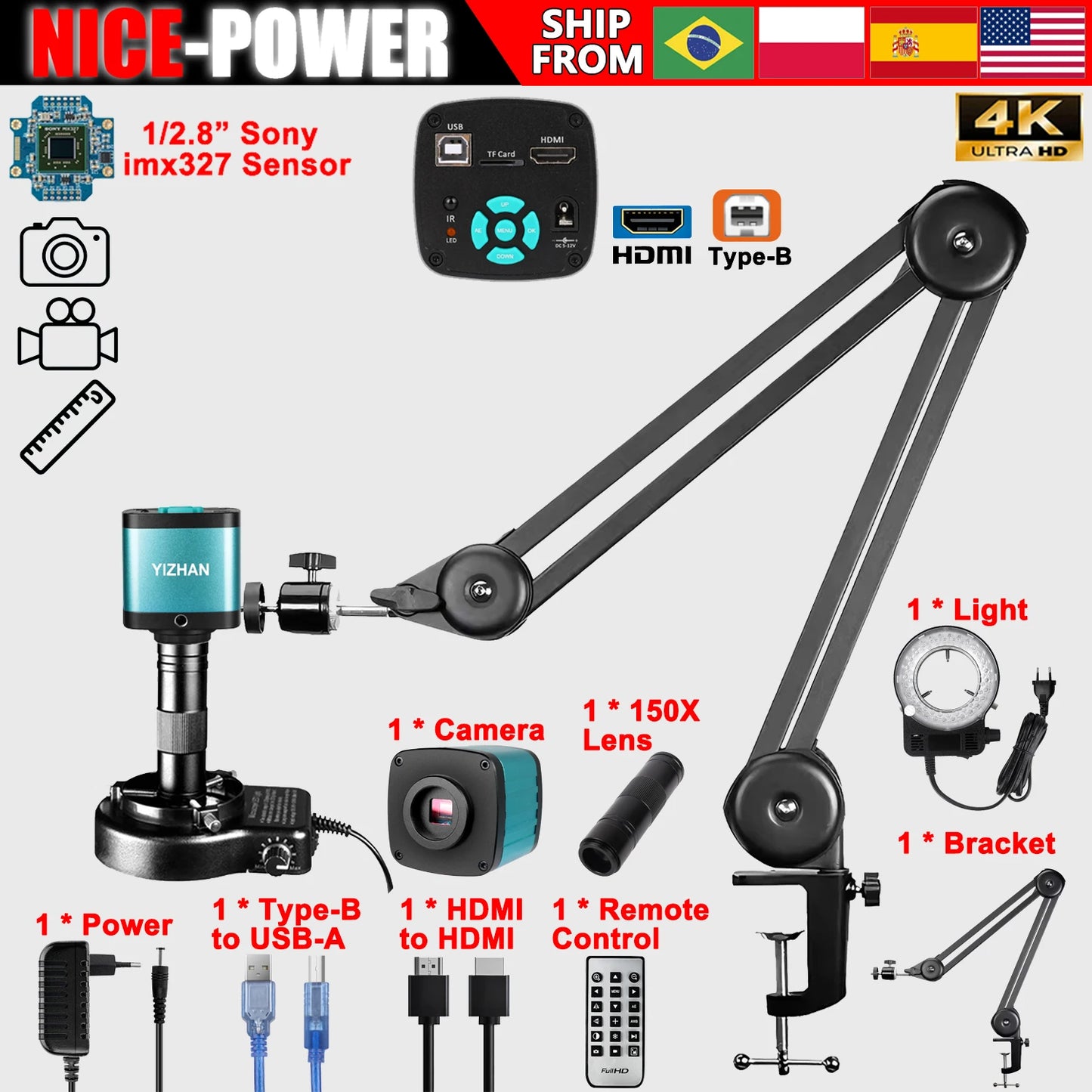 4K Digital Microscope,150X/180X Zoom C Mount Lens,48MP 60FPS USB HDMI Video Microscope Camera,Full HD Industrial Microscope