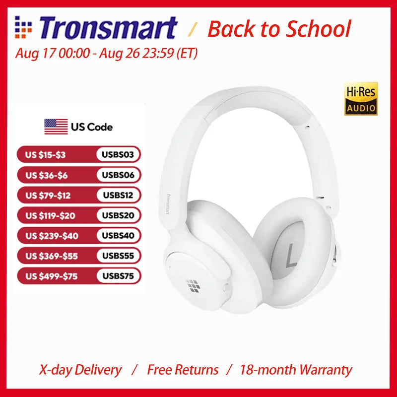 Tronsmart Sounfii Q20S Bluetooth Headphones Wireless Headset with Noise Suppression, 60 Hours Play Time, Hi-Res Audio, App Control
