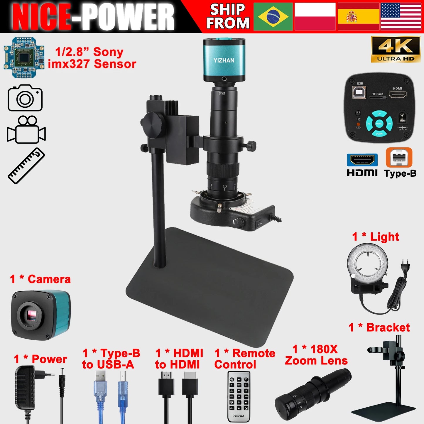 4K Digital Microscope,150X/180X Zoom C Mount Lens,48MP 60FPS USB HDMI Video Microscope Camera,Full HD Industrial Microscope