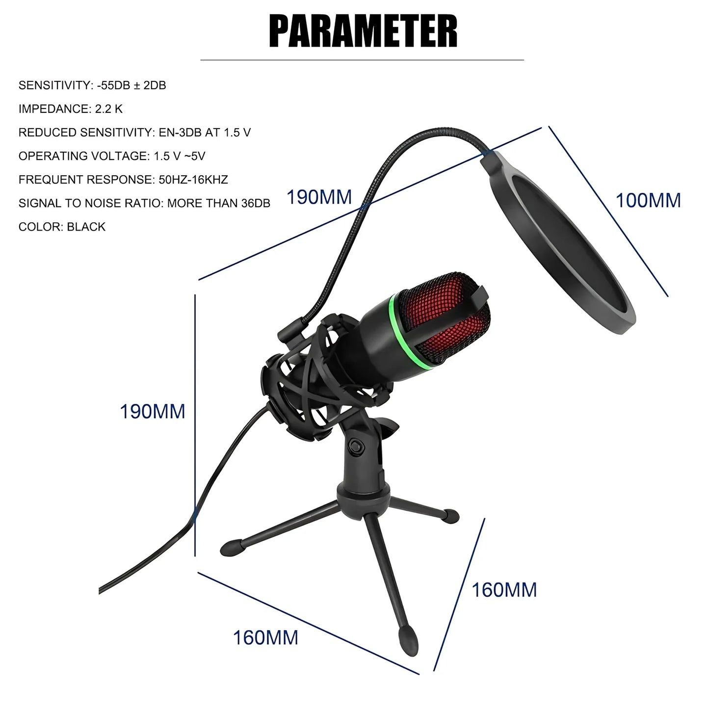 Professional Condenser Microphone Kit with Tripod Stand RGB Lighting Gaming USB Microphone for Streaming YouTube Podcasts Video Studio Recording PC Computer Laptop Mute Button Voice Changer