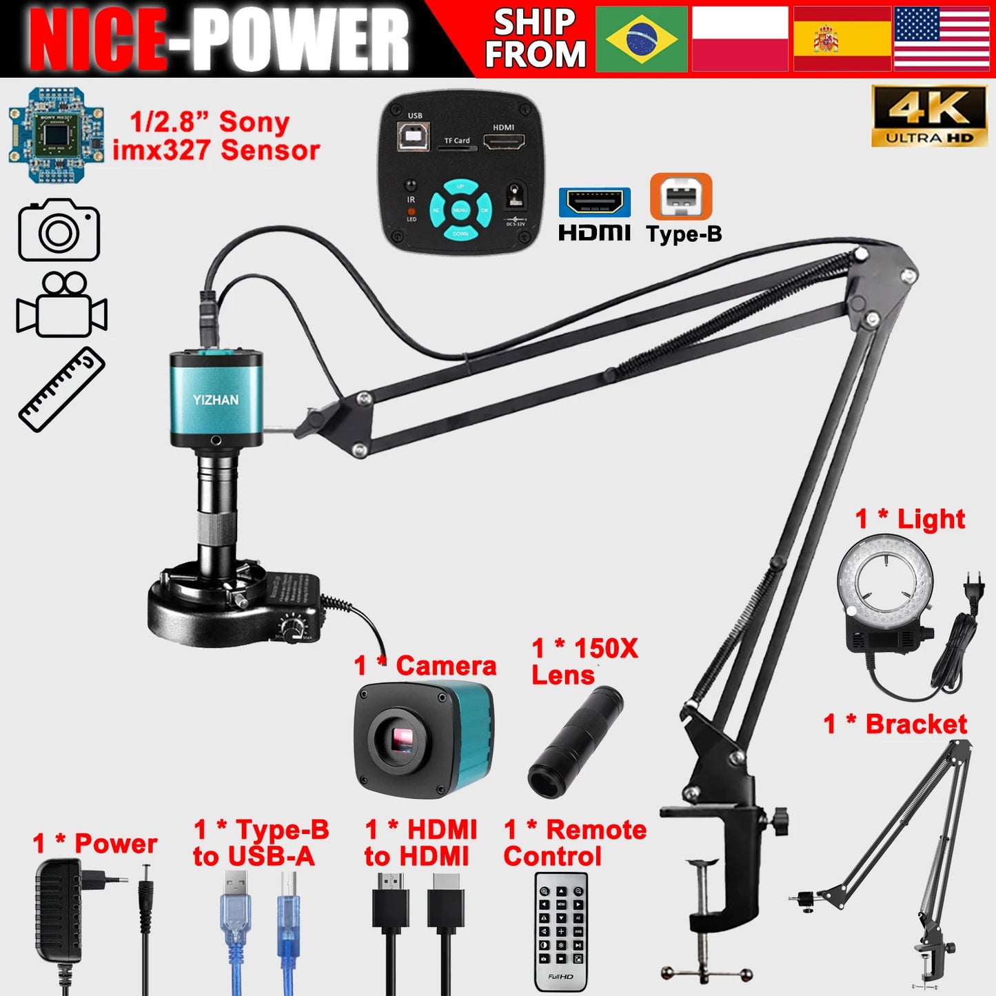 4K Digital Microscope,150X/180X Zoom C Mount Lens,48MP 60FPS USB HDMI Video Microscope Camera,Full HD Industrial Microscope