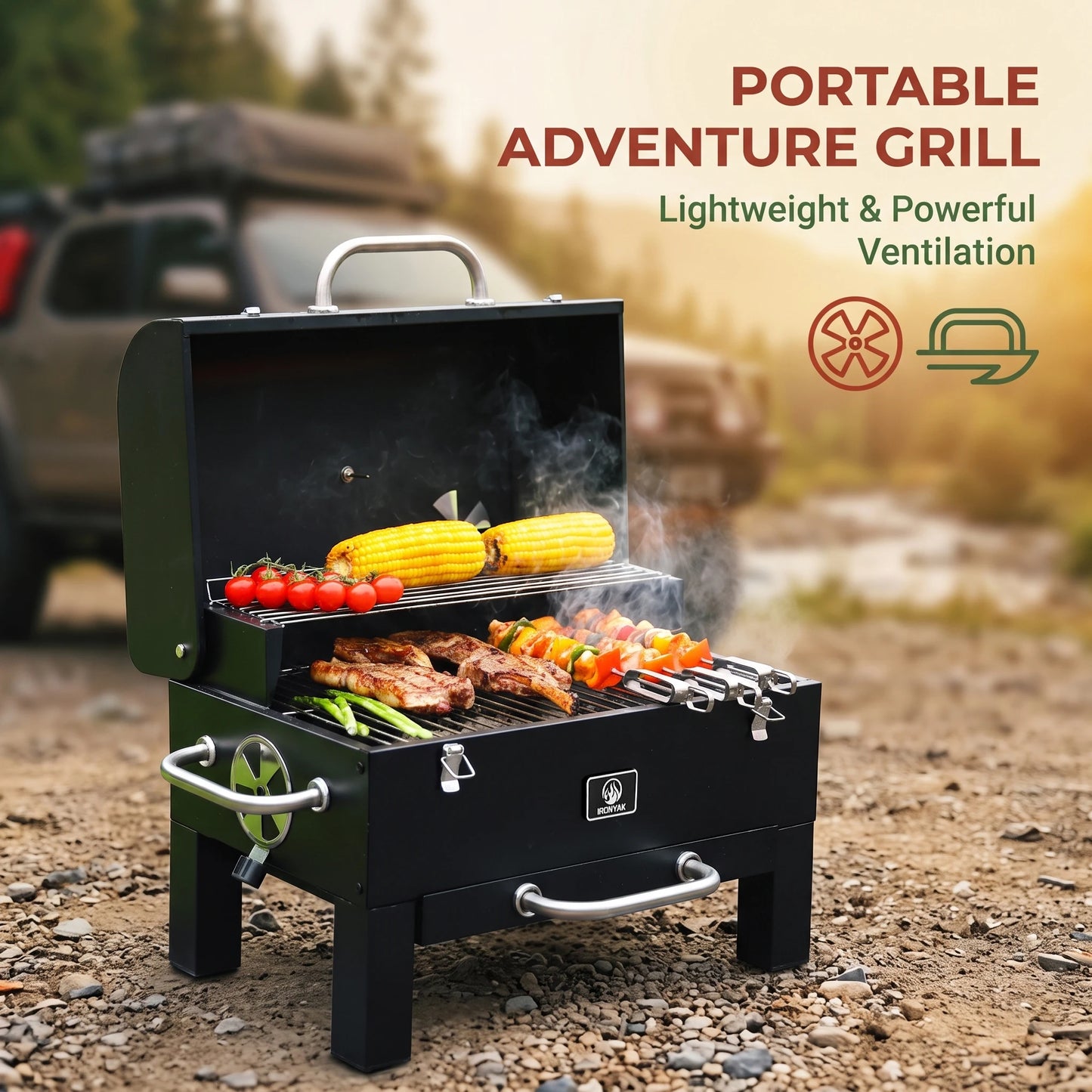 IRONYAK Portable Charcoal Grill & Smoker, Compact 319 Sq.In. Cooking Area Tabletop BBQ for Camping Trips Cover Included