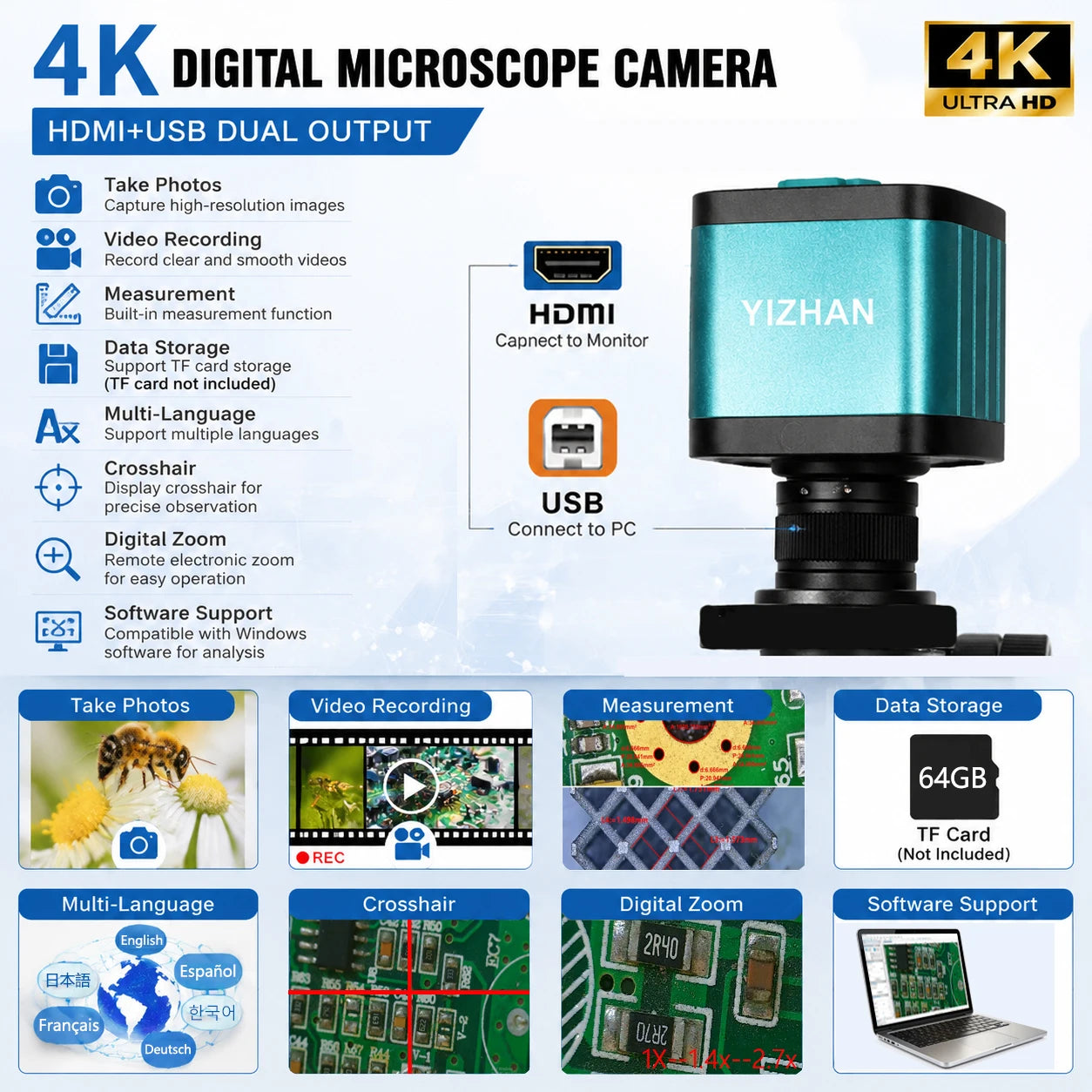 4K Digital Microscope,150X/180X Zoom C Mount Lens,48MP 60FPS USB HDMI Video Microscope Camera,Full HD Industrial Microscope